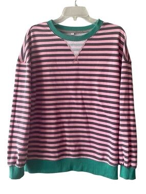 Striped Pink and gray  Crewneck Sweatshirt with Green Trim